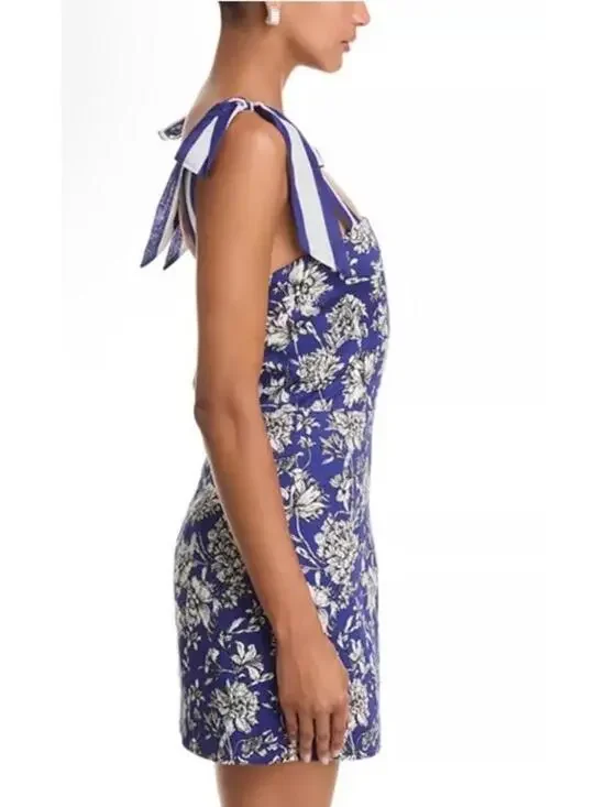 New Alice and Olivia Maryann Floral Tie Shoulder Dress Indigo Multi Sz 10 $440 - Picture 4 of 14